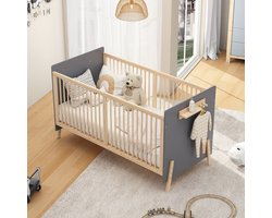MODFU Babybed 140x70 cm – Drievoudig verstelbaar – Omvormbaar naar aanschuifbed & sofabed – Massief grenenhout – Blauwgrijs