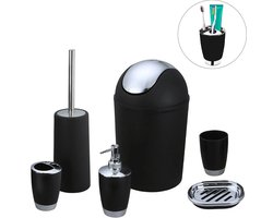 MODFU Badkameraccessoires Set – 6-delig Praktisch & Modern Design – Geschikt voor Badkamer en Toilet – Kunststof (PP) – Zwart