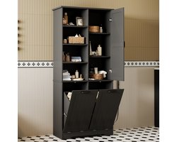 MODFU Badkamerkast - Verstelbare Planken - Badkamer - MDF - Zwart - 78 X 35 X 172,7 Cm