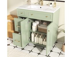 MODFU Badkamermeubel – 81,7x46,8x90 cm – Met keramische wastafel, laden & kastdeur – Vrijstaand voor badkamer – MDF – Kleur groen