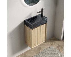 MODFU - Badkamermeubel Met Geïntegreerde Wastafel - 1 Deur - Modern - Kleine Ruimtes - Marmer - Zwart En Wit Eiken