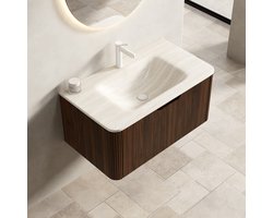 MODFU - Badkamermeubel Met Geïntegreerde Wastafel - Gebogen Ontwerp - Verticale Strepen - Gesinterde Steen - Beige En Walnoot