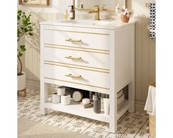 MODFU - Badkamermeubel Met Keramische Wastafel - 2 Laden En Open Vak - Modern - MDF - Wit En Goud - 76 cm