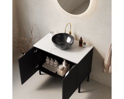 MODFU - Badkamermeubel Met Opzetwastafel - Gestreept Front En Softclose - Romantische Stijl - Keramiek En Gesinterde Steen - Zwart