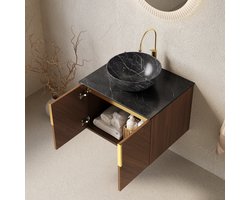 MODFU - Badkamermeubel Met Waskom - 2 Deuren En Soft-Close - Modern - Keramiek En Gesinterde Steen - Zwart En Bruin Eiken