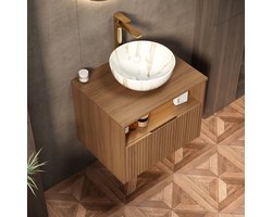 MODFU - Badkamermeubel Met Wastafel - Lade En Open Vak - Sensorverlichting En Softclose - Keramiek - Bruin Eiken En Steenwit