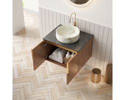 MODFU - Badkamerwastafelmeubel Met Keramische Waskom - 2 Deuren Met Softclose - Diagonaal Ontwerp - Gesinterde Steen - Zwart Bruin