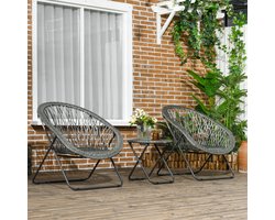 MODFU - Balkonmeubelset - Inklapbaar - Met Ronde Bijzettafel En 2 Stoelen - Voor Balkon Of Tuin - Staal En Kunststof Vlechtwerk - Grijs
