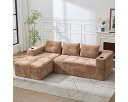 MODFU - Bank - Diepe Zitting - Bekerhouders - Minimalistisch - Voor Woonkamer Of Wachtruimte - Chenille - Lichtbruin - 258 Cm