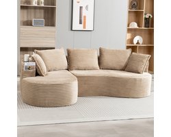 MODFU Bank - Gebogen Design Met Bekerhouders En Zijvakken - Modern - Woonkamer - Ribstof - Khaki - 250 X 152 X 82 Cm