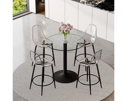 MODFU - Barset Met Ronde Glazen Tafel En 4 Barkrukken - Zwevend Effect - Voor Keuken Of Bar - Glas Metaal Kunststof - Zwart Transparant