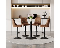 MODFU - Bartafelset - Rond Glazen Tafelblad En 4 Draaibare Barkrukken - Modern - Voor Bar Of Keuken - Metaal Glas - Bruin Zwart Transparant