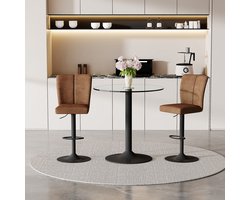 MODFU - Bartafelset - Rond Glazen Tafelblad Met 2 Draaibare En Verstelbare Barkrukken - Modern - Voor Bar Of Eethoek - Bruin Zwart - 89 Cm