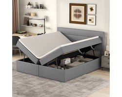MODFU Bedframe 140x200 cm, gestoffeerd linnen, massief hout & MDF met metalen frame, met opbergruimte