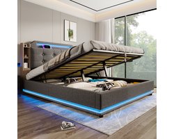 MODFU Bedframe 140x200 cm, gestoffeerd met linnen en MDF, met LED-licht, hydraulische opbergruimte