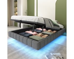 MODFU Bedframe 140x200 cm, gestoffeerd met linnen in grijs, zwevend ontwerp met LED-licht en opbergruimte