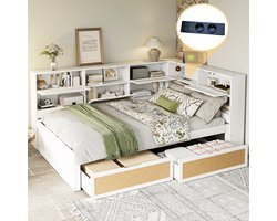 MODFU Bedframe 140x200 cm – Massief hout en MDF – Met opbergruimte, USB & rotan accenten – Wit