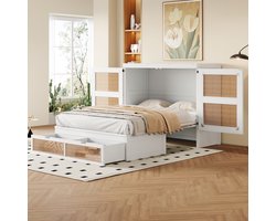 MODFU Bedframe 140x200 cm van hout – wit – wandklapbed (Murphy bed) met rotanlook deuren en opberglades