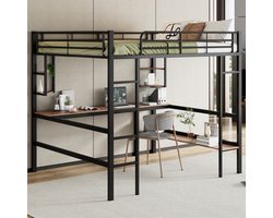 MODFU Bedframe 140x200 cm van metaal, hoogslaper met bureau, 4 planken en grote boekenkast, zwart