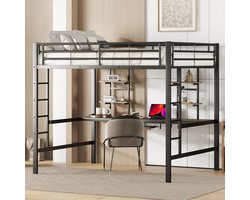 MODFU Bedframe 140x200 cm van metaal, hoogslaper met bureau en twee boekenplanken, compact, zwart