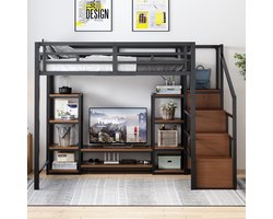 MODFU Bedframe 140x200 cm, verhoogd bed van metaal met tv-stand en stopcontact, veilige opbergladder, zwart