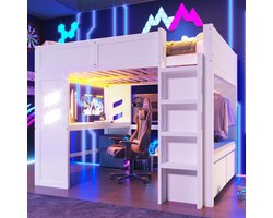 MODFU Bedframe 140x200 cm – wit – hoogslaper met bureau, LED, USB/Type-C en 2 laden