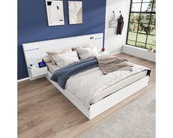 MODFU Bedframe 160x200 cm – Bluetooth speaker & LED-verlichting – Met nachtkastjes en USB-C – Modern slaapkamermeubel van MDF – Wit
