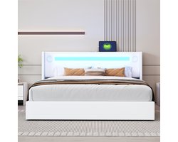 MODFU Bedframe 160x200 cm, gestoffeerd met PU-leer, met LED-lichtlijst, Bluetooth, USB en opbergruimte, wit