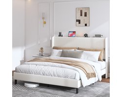 MODFU Bedframe 180x200 cm – Beige/crème cordstof – Klassiek design met zijvleugels – Metaal/Textiel