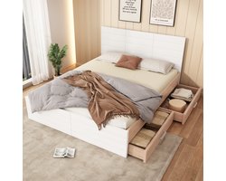 MODFU Bedframe 180x200 cm van massief hout en MDF – wit/licht eiken – met 2 lades en 19 cm opbergruimte – natuurlijk design