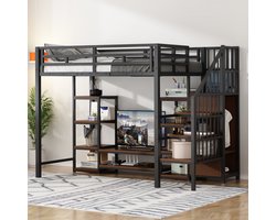 MODFU Bedframe 90cm*200cm, hoogslaper met TV-stand en stopcontact, metaal en hout, modern, zwart