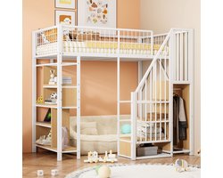 MODFU Bedframe 90cm*200cm van metaal en hout, ruimtebesparend hoogslaper met ingebouwde opbergruimte en trap, wit