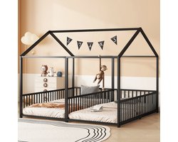 MODFU Bedframe 90cm*200cm van metaal, huisvormig ontwerp met veilig hek en ladder, zwart, zonder matras