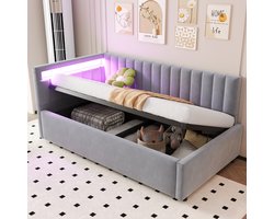 MODFU Bedframe 90x200 cm – gestoffeerd fluweel lichtgrijs – met LED-hoofdbord en hydraulische opbergruimte – dagbed