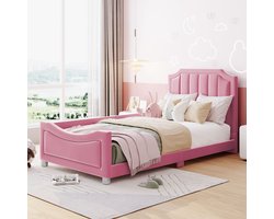 MODFU Bedframe 90x200 cm, gestoffeerd met flanel en MDF, gebogen ontwerp met rugleuning, roze