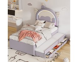 MODFU Bedframe 90x200 cm, gestoffeerd van PU, eenhoornvorm met ledverlichting en 2 laden, roze