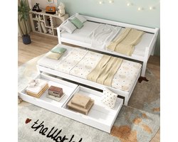 MODFU Bedframe 90x200 cm – Met Uitschuifbed & 2 Laden – Wit – Massief Grenenhout & MDF – Flexibele Slaapoplossing voor Logés of Kinderkamer – Inclusief Houten Lattenbodem