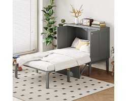 MODFU Bedframe 90x200 cm van hout – grijs – verticaal opklapbed met opbergruimte – ruimtebesparend