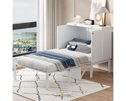 MODFU Bedframe 90x200 cm van hout – wit – verticaal klapbed met opbergruimte – Murphy bed voor de studio