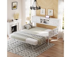 MODFU Bedframe 90x200 cm van metaal en hout, multifunctioneel, met opbergruimte en uitschuifbaar bed