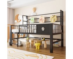 MODFU Bedframe 90x200 cm van metaal en MDF, laag hoogslaper met opbergruimte, zwart