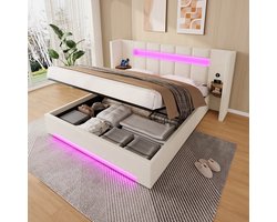 MODFU Bedframe Met Breed Hoofdbord, USB, Opbergkasten, LED En Hydraulische Opbergruimte - Fluweel - Beige - 160 x 200 cm
