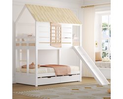 MODFU Bedframe stapelbed 90x200 cm van MDF en grenenhout, huisvorm met glijbaan, wit/naturel