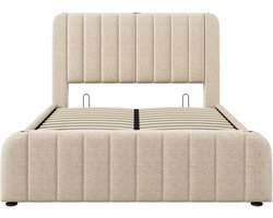 MODFU Beige linnen tweepersoonsbed 160x200 met USB-C, gouden accenten en hydraulische opbergruimte, 200 kg, zonder matras