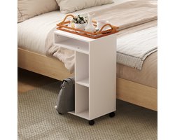 MODFU - Bijzettafel - C-Vormig En Op Wielen - Met 3 Vakken En Plank - Voor Bank Of Bed - Wit - 40 X 30 X 69 Cm