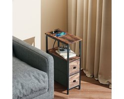 MODFU - Bijzettafel Met Laadstation En 2 Stoffen Laden - Industrieel - Voor Naast Bank Of Bed - Staal En Houtlook - Rustiek Bruin
