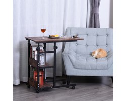 MODFU - Bijzettafel - Verrijdbaar En In Hoogte Verstelbaar - C-Vormig - Voor Woonkamer Of Thuiswerkplek - Metaal En Hout - Bruin - 80 x 40 x 72-82 cm