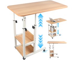 MODFU Bijzettafel – Verstelbaar (68-85 cm) – Met 2 opbergplanken – Mobiel door wielen – Multifunctioneel naast bank of bed – Stevig staal + MDF – Khaki