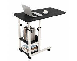 MODFU Bijzettafel – Verstelbaar (68-85 cm) – Met opbergplank – Mobiel door wielen – Multifunctioneel naast bank of bed – Stevig staal + MDF – Zwart