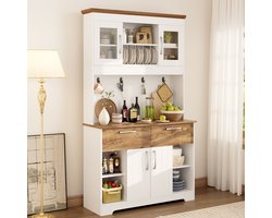 MODFU Buffetkast - Met Vitrinekasten En 2 Laden - Modern - Voor Keuken Of Eetkamer - Spaanplaat - Wit En Natuurlijke Houtkleur - 106 X 39 X 176,5 Cm